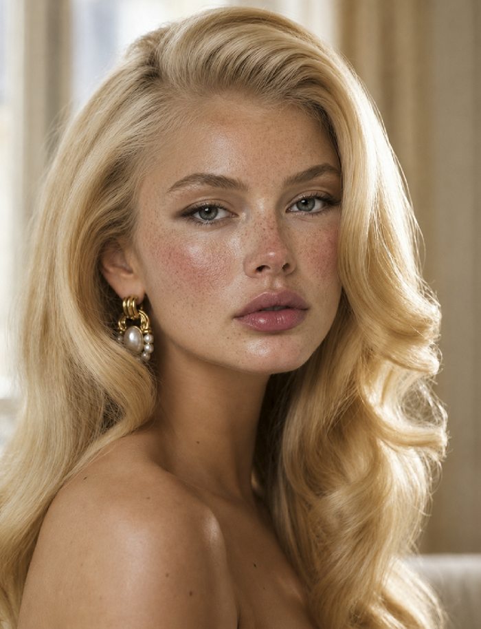 Long, glossy blonde waves with pearl earrings