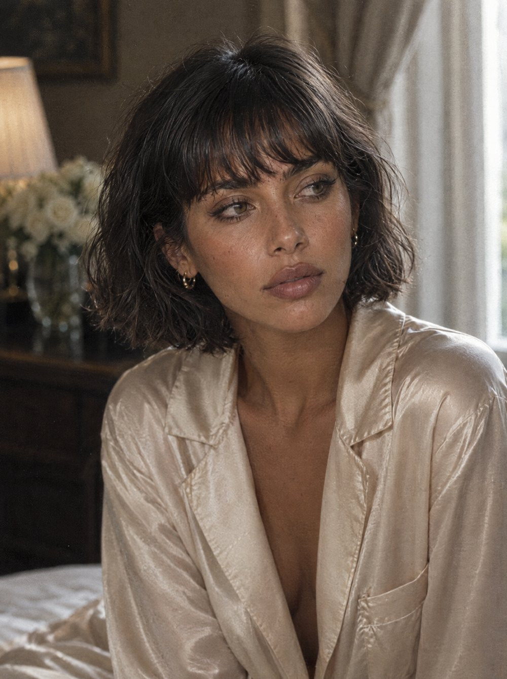 Short, tousled dark bob with bangs