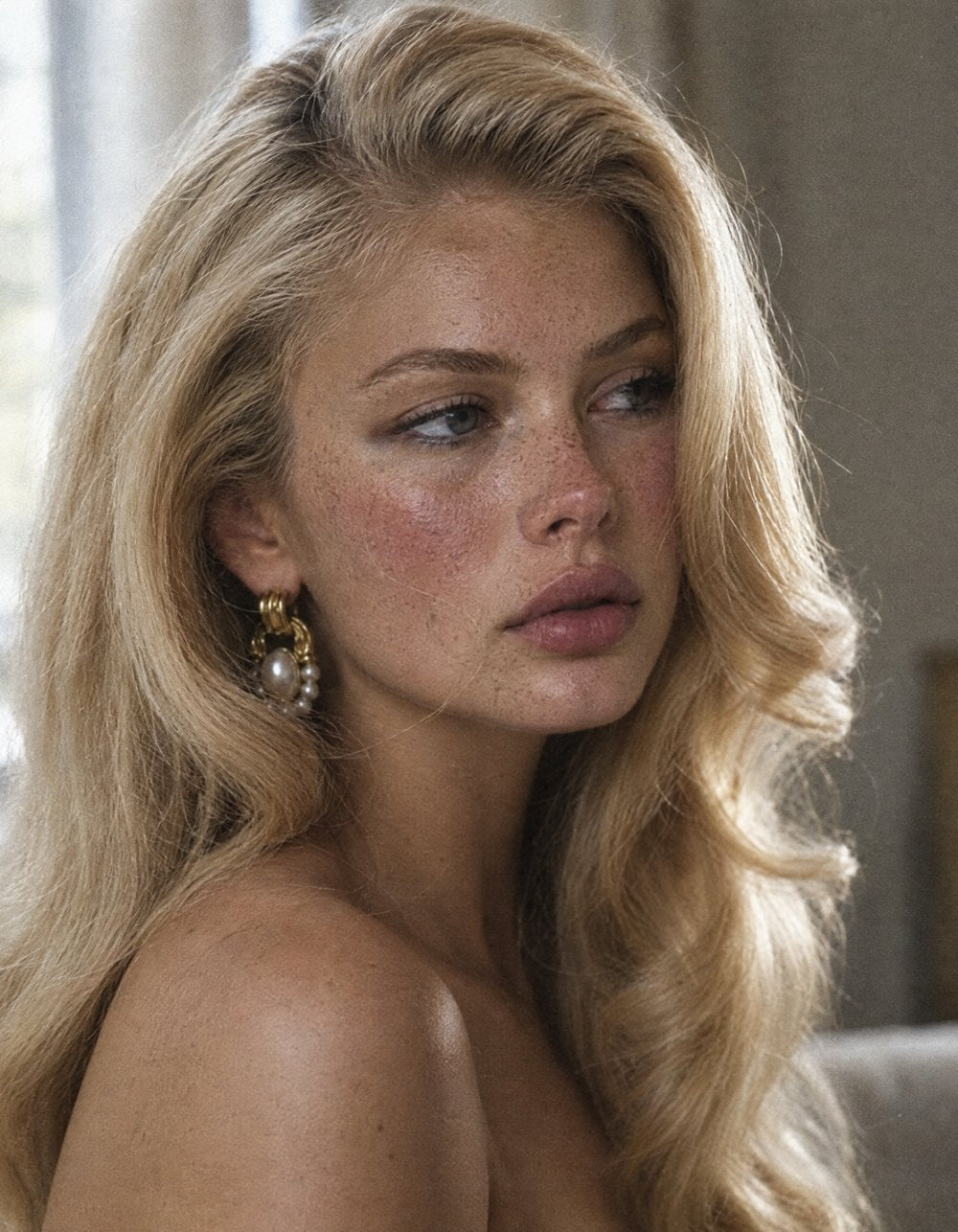 Long, glossy blonde waves with pearl earrings